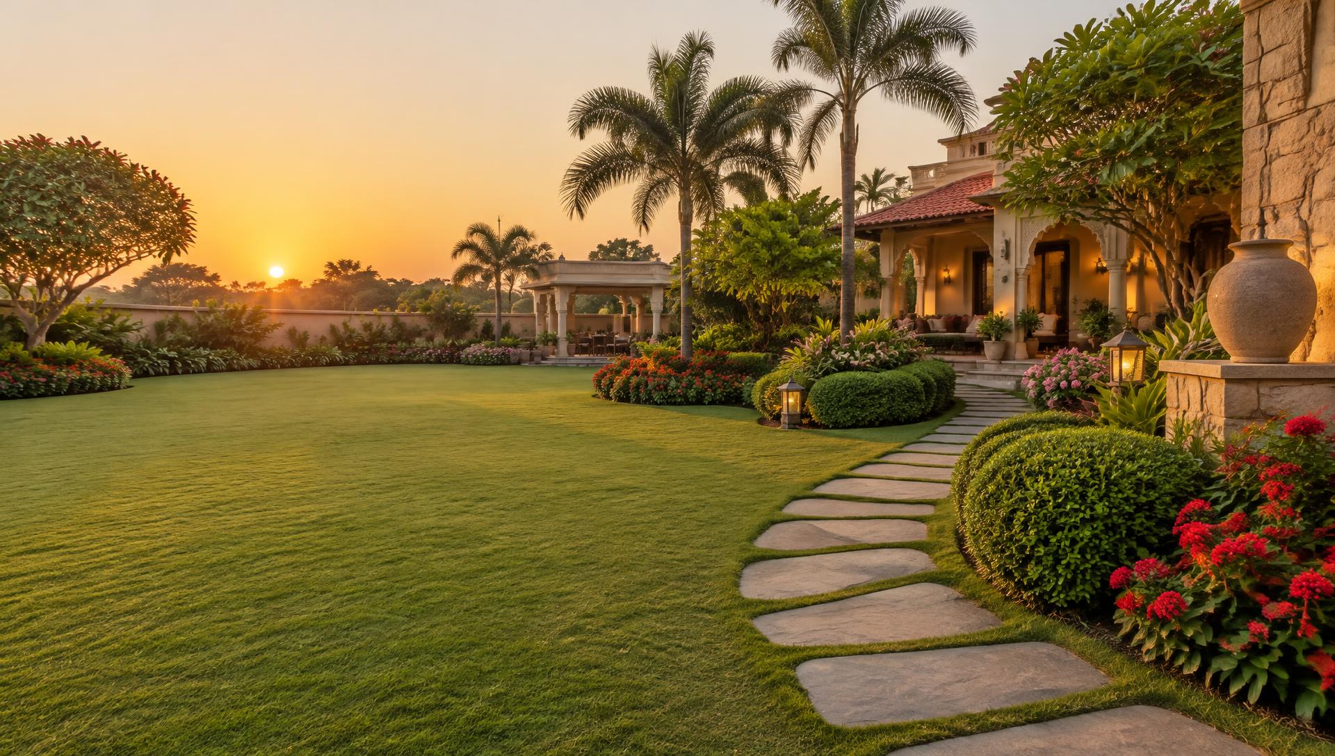 Landscaped villa garden with lawn, hedges and stone path